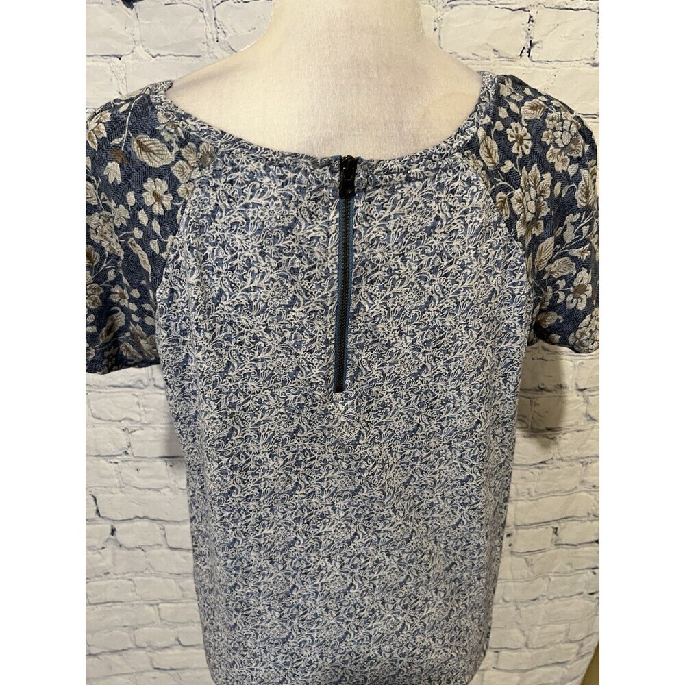 LUCKY BRAND shirt Women Floral Print 1/4 Zip Back Short Sleeve Blue HI-LOW - M - Picture 5 of 8